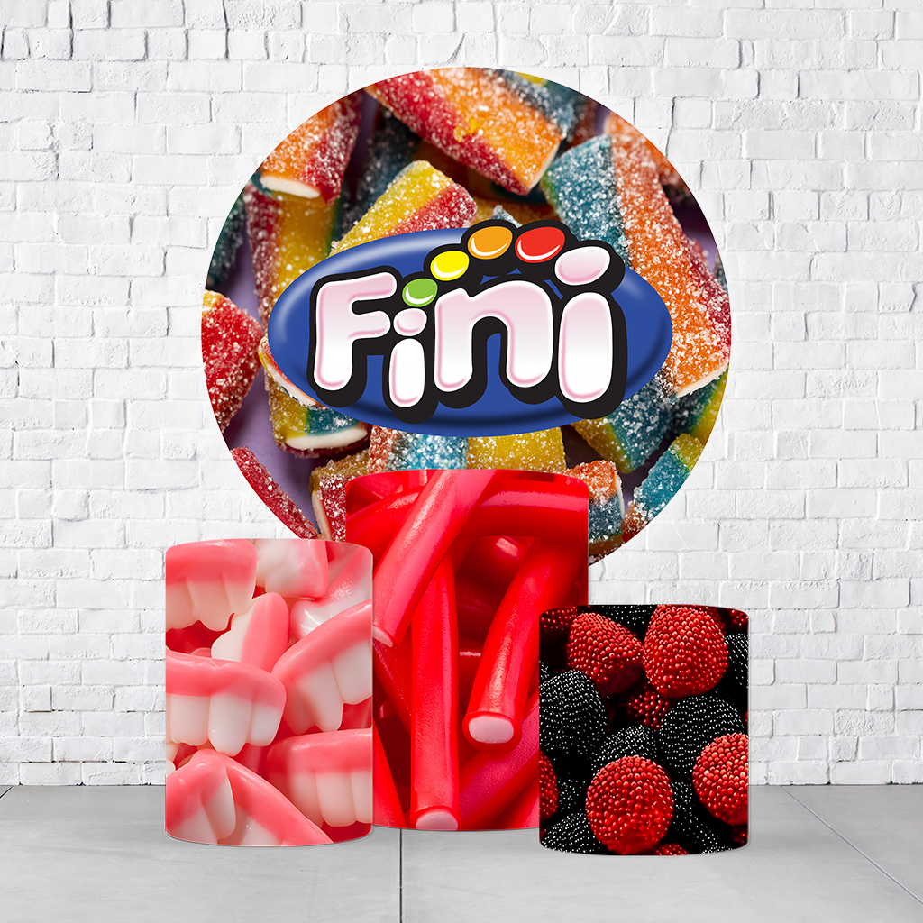 Kit Painel De Festa Bala Fini + Trio De Cilindros Em Tecido