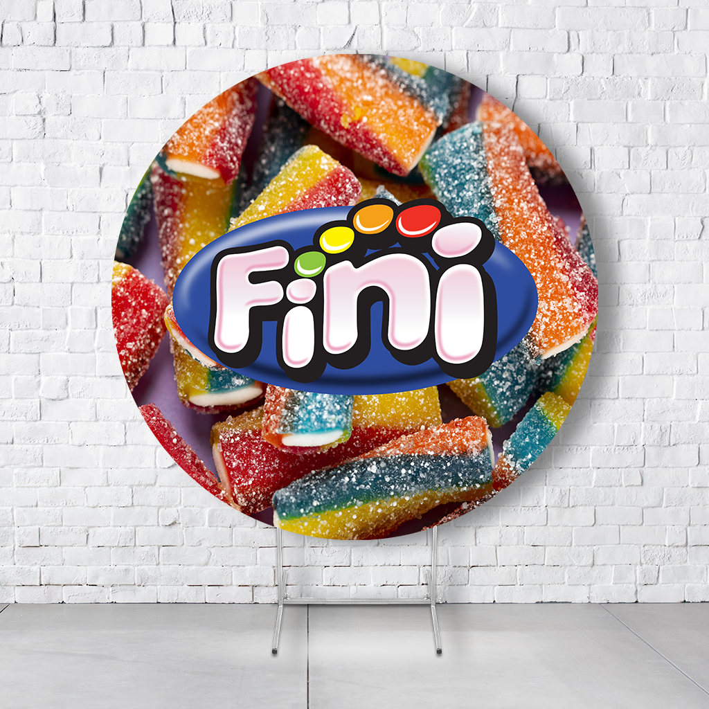 Painel De Festa Redondo Bala Fini Em Tecido Helanca C/Elástico 1,50x1,50