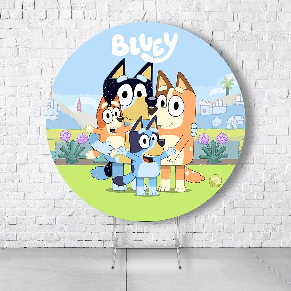 Painel De Festa Redondo Bluey Em Tecido Helanca C/Elástico 1,50x1,50