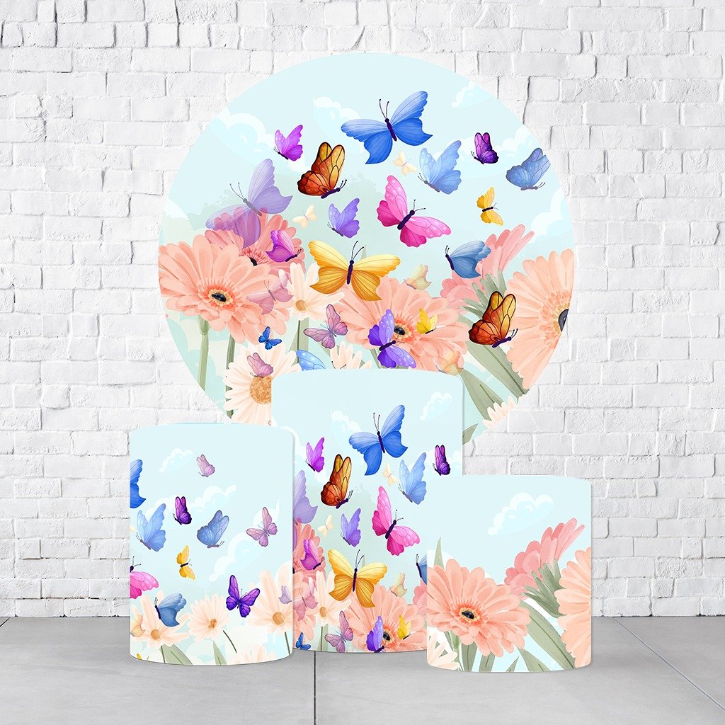 Kit Painel De Festa Borboleta + Trio De Cilindros Em Tecido