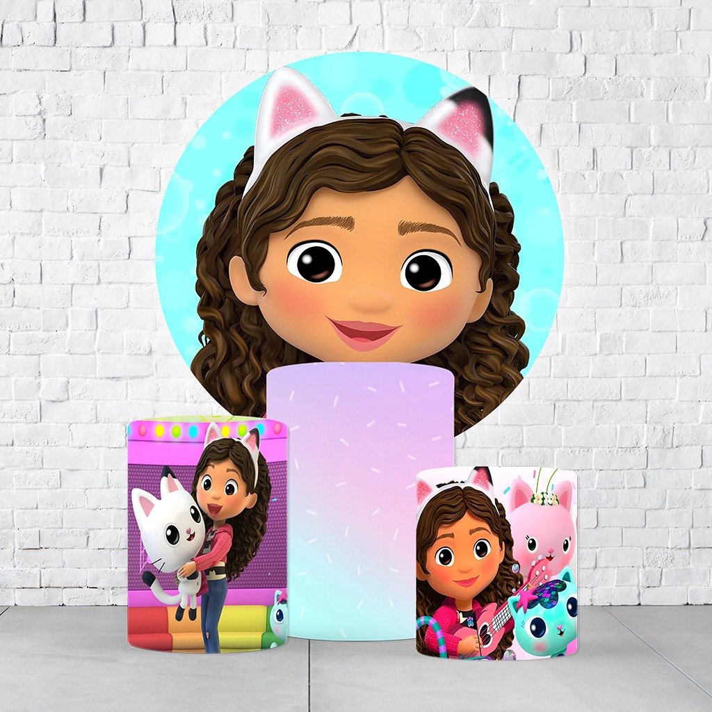 Kit Painel De Festa Casa Mágica Da Gaby + Trio De Cilindros Em Tecido