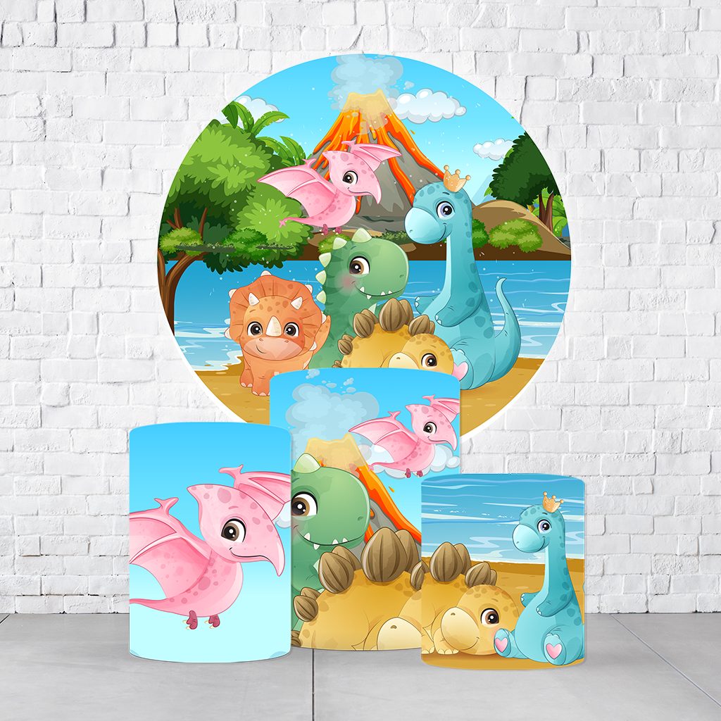 Kit Painel De Festa Dino Cute + Trio De Cilindros Em Tecido