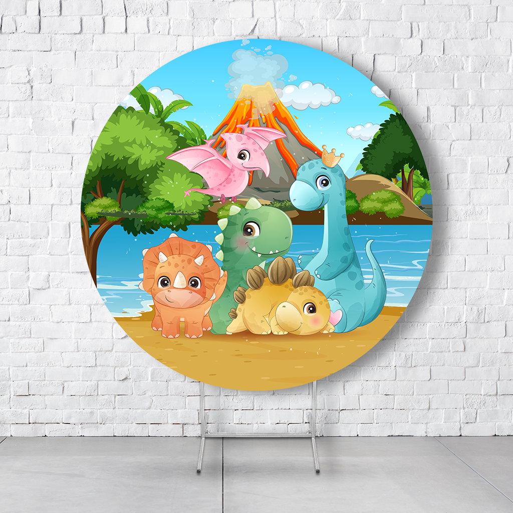 Painel De Festa Redondo Dino Cute Em Tecido Helanca C/Elástico 1,50x1,50