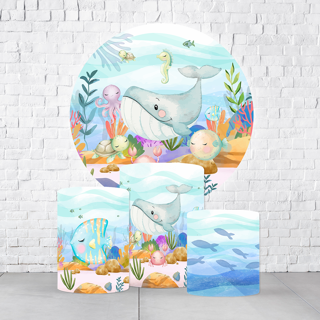 Kit Painel De Festa Fundo Do Mar + Trio De Cilindros Em Tecido  KITPAI452