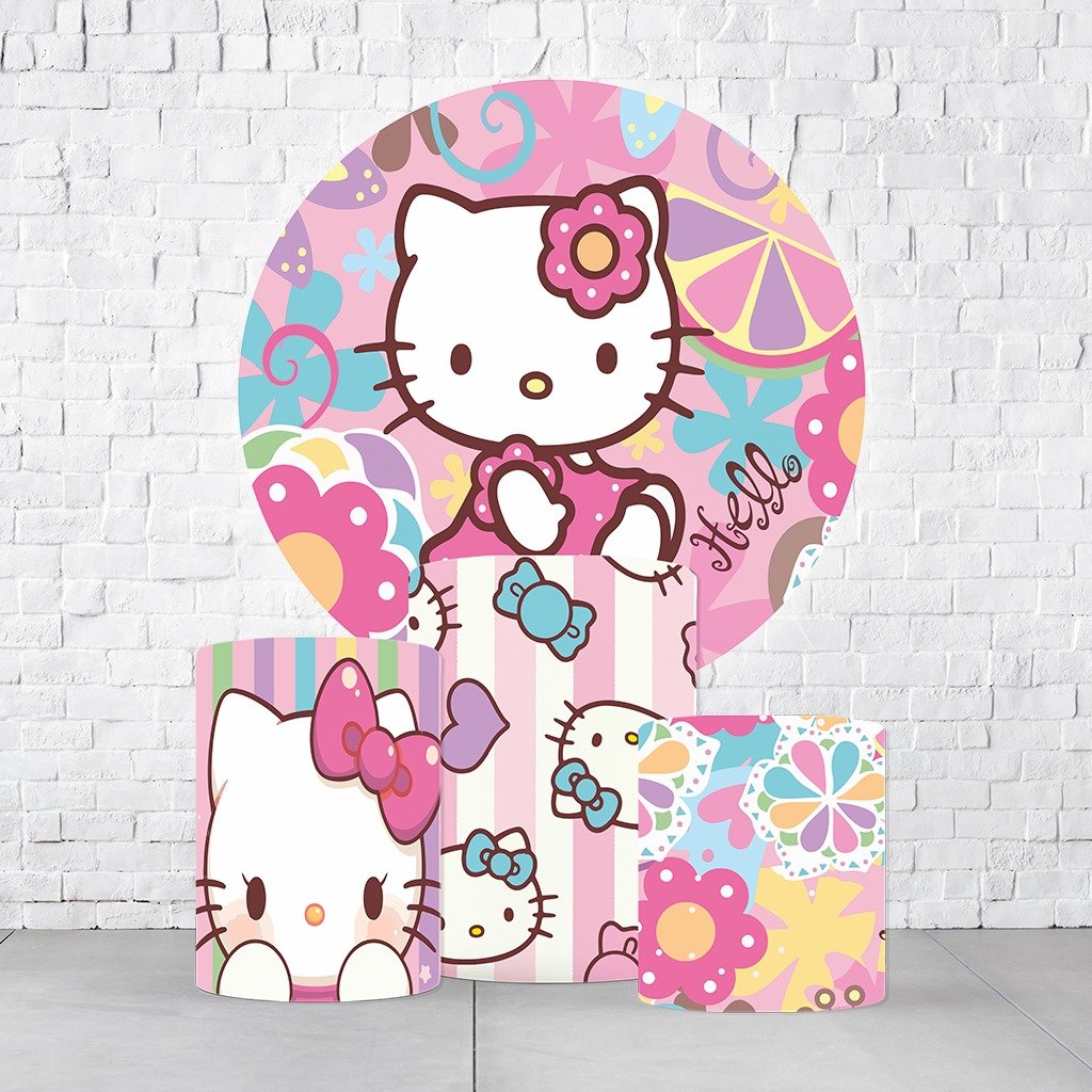 Kit Painel De Festa Hello Kitty + Trio De Cilindros Em Tecido
