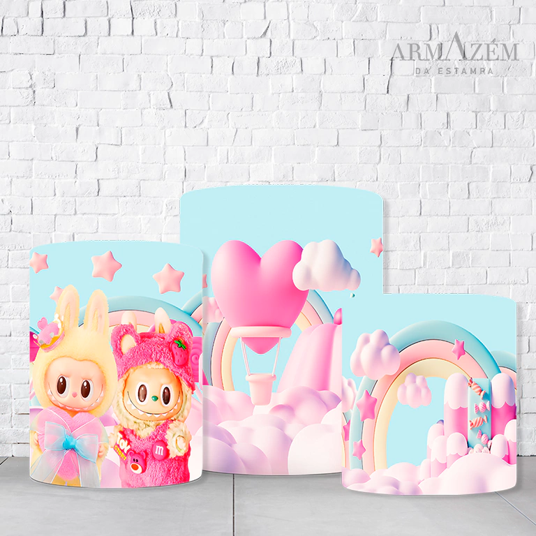 Trio de Cilindros Para Festas Labubu Em Tecido Helanca C/Elástico  TRIODE956