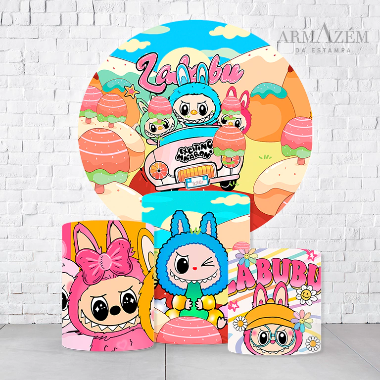 Kit Painel De Festa Labubu + Trio De Cilindros Em Tecido  KITPAI354