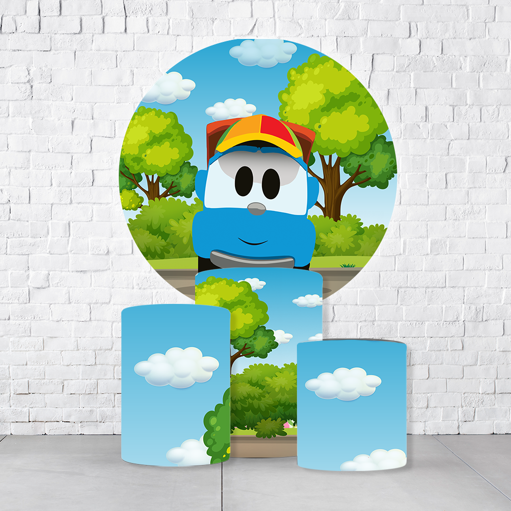 Kit Painel De Festa Léo O Caminhão + Trio De Cilindros Em Tecido