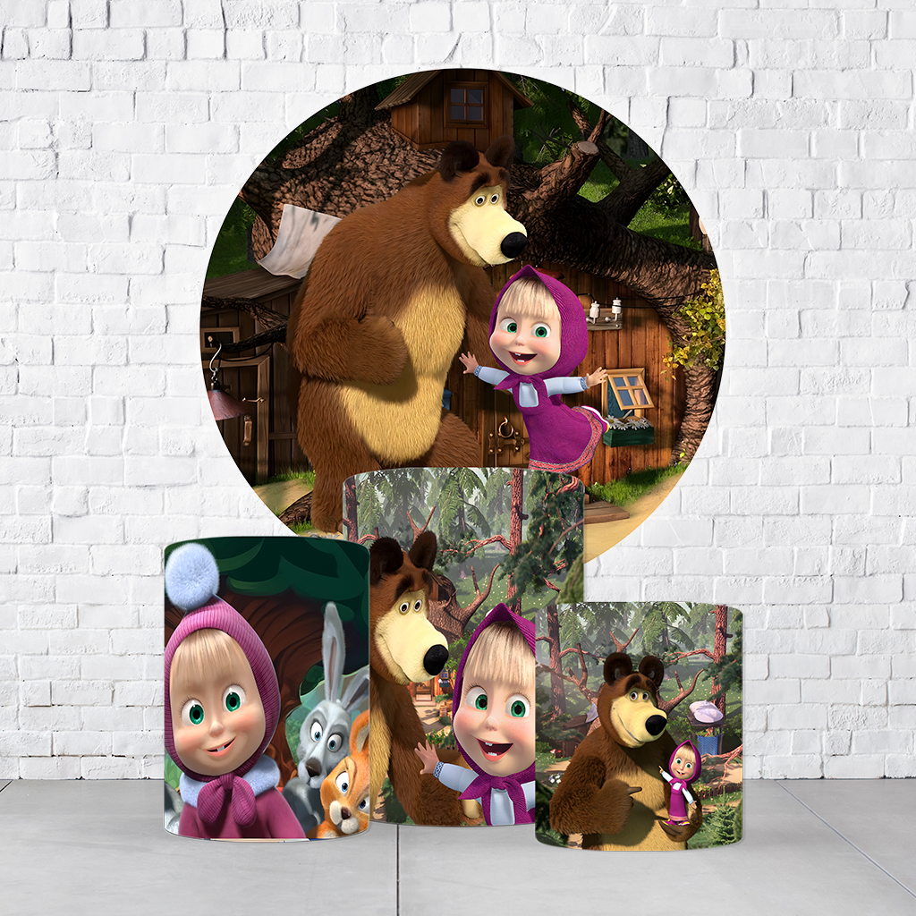 Kit Painel De Festa Masha e o Urso + Trio De Cilindros Em Tecido