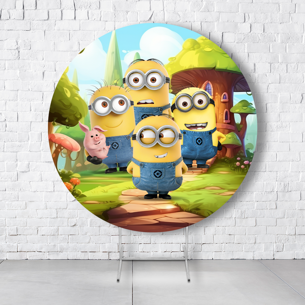 Painel De Festa Redondo Minions Em Tecido Helanca C/Elástico 1,50x1,50