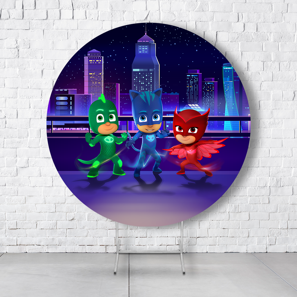 Painel De Festa Redondo PJ Masks Em Tecido Helanca C/Elástico 1,50x1,50