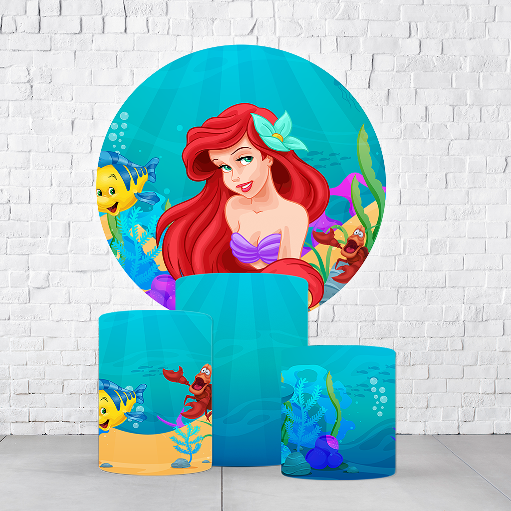 Kit Painel De Festa Pequena Sereia + Trio De Cilindros Em Tecido - Imagem 2