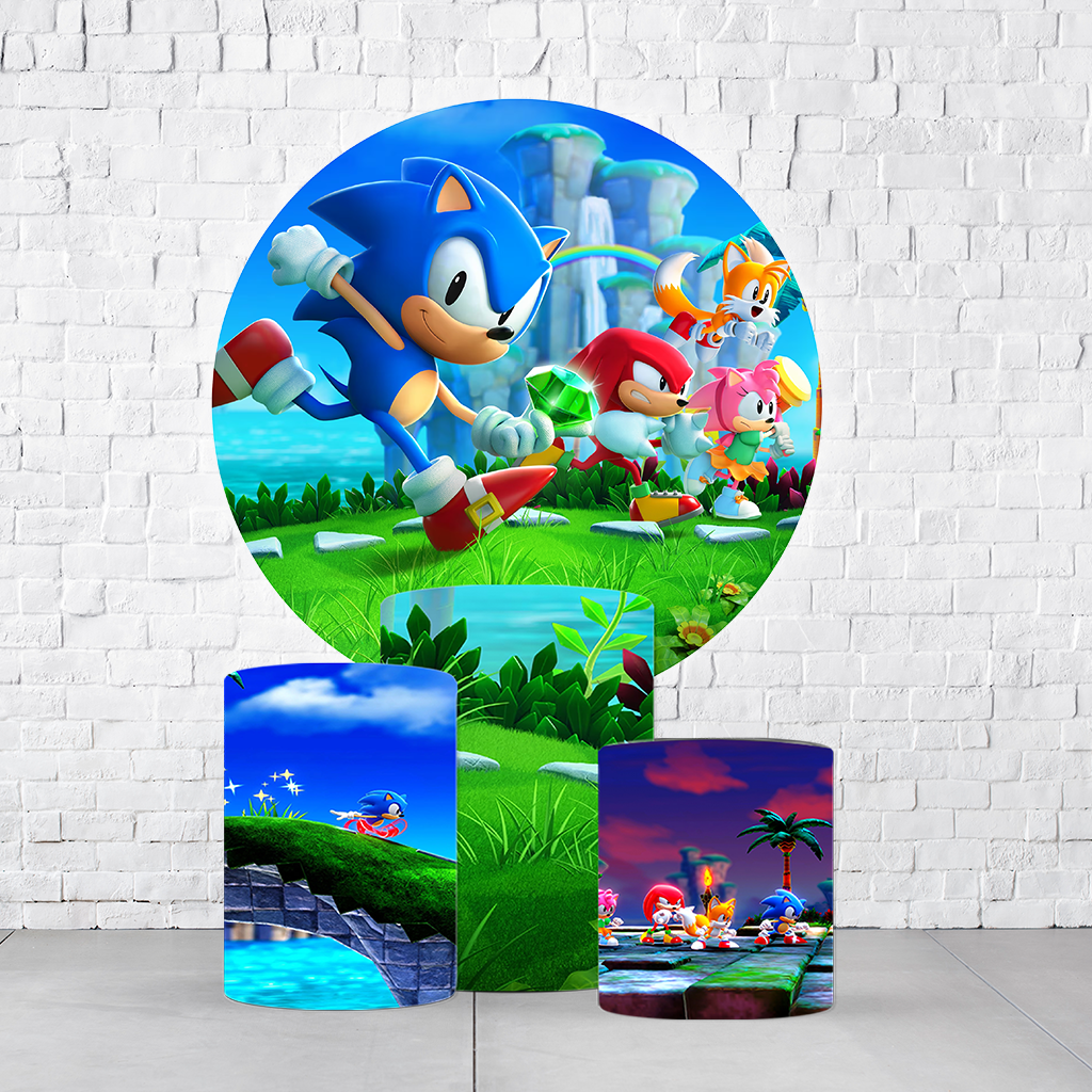 Kit Painel De Festa Sonic + Trio De Cilindros Em Tecido - Imagem 2