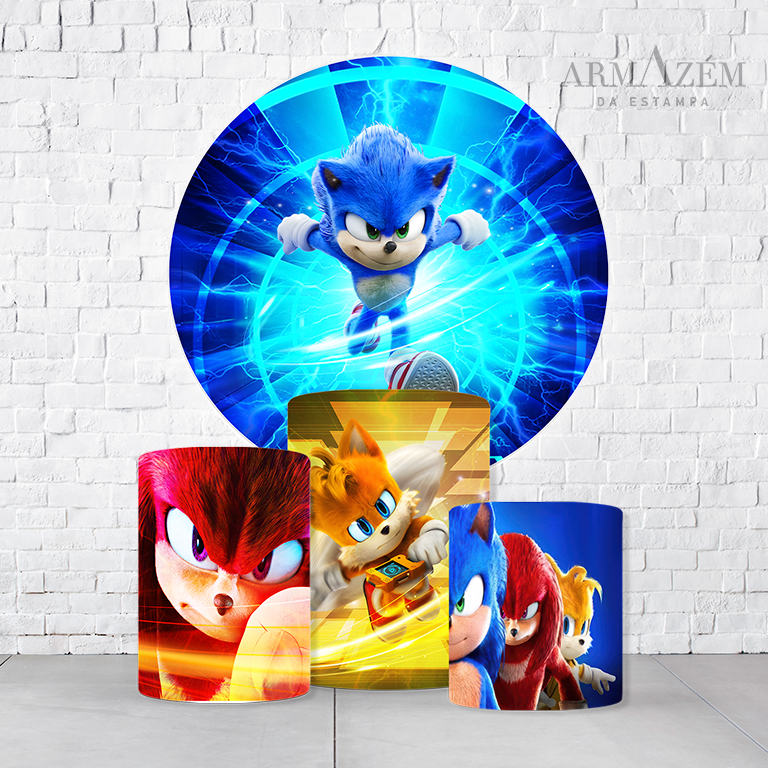 Kit Painel De Festa Sonic + Trio De Cilindros Em Tecido  KITPAI043