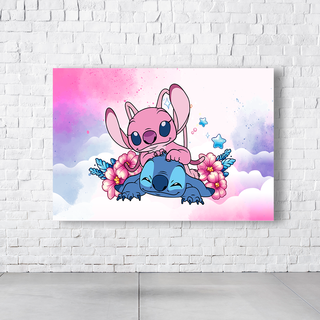 Painel Retangular Tema Stitch e Angel Em Tecido Oxford 100% Poliéster  PAINEL564