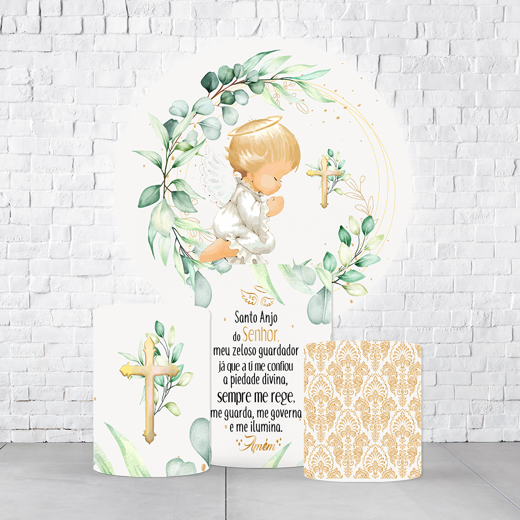 Kit Painel De Festa Batizado + Trio De Cilindros Em Tecido